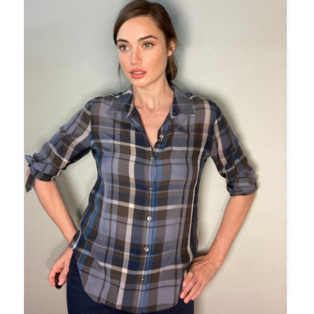 Madewell Eliot Silk Plaid Shirt Blue Gray Button Down Long Sleeve ~ Sz S